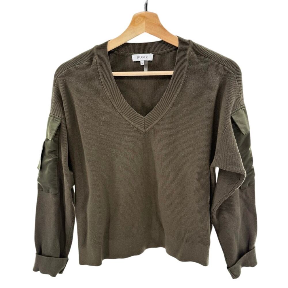 Parker Olive V-Neck Cargo Pockets Long Sleeve Stretch Knit M Sweater MSRP $234